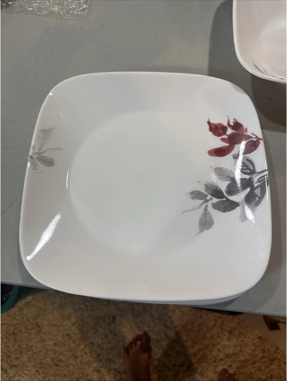 Corelle Kyoto Leaves 16pc Square Set, White/Red/Gray, PLUS LG serving bowl.